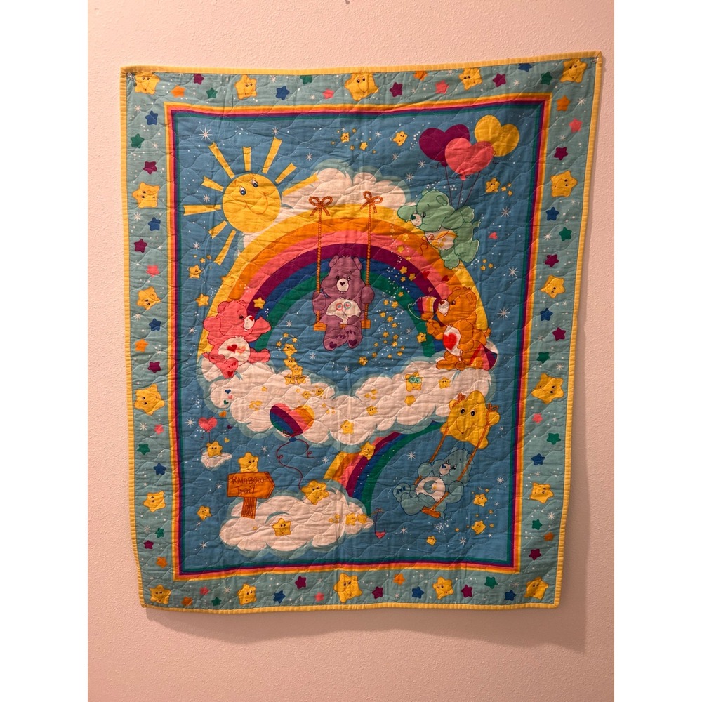Vintage Care Bears Rainbow Trail Quilted Baby Blanket Blue Star Pattern 80s